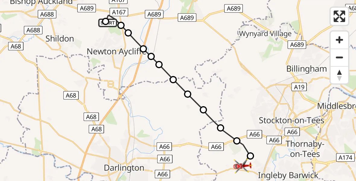 Flight path map showing Air Ambulance Helicopter route from Rushyford to Egglescliffe