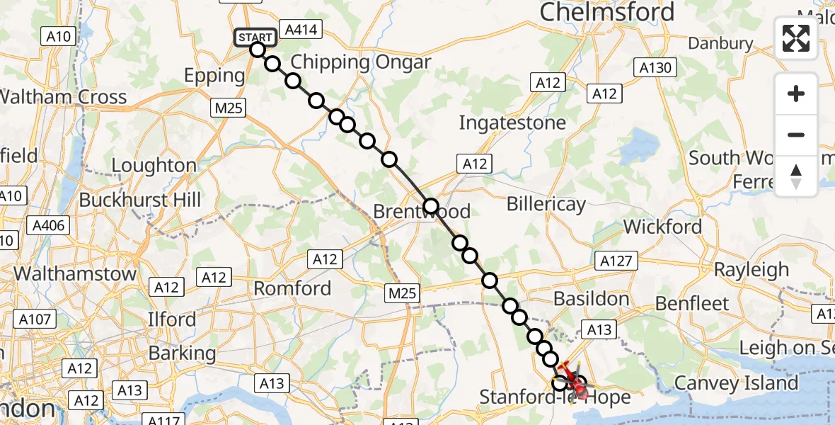 Flight path map showing Air Ambulance Helicopter route from North Weald Airfield to Corringham