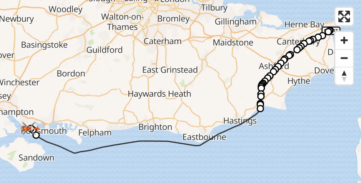 Flight path map showing Coastguard Helicopter route from Manston Airport to Solent Airport