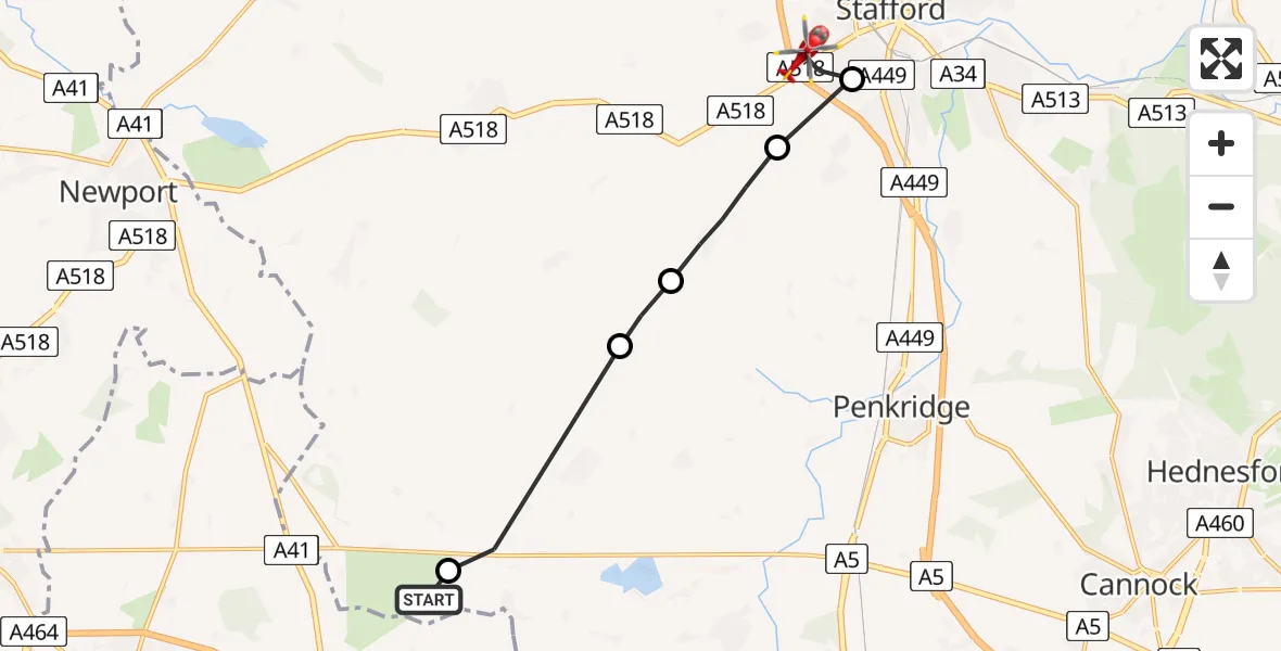 Flight path map showing Air Ambulance Helicopter route from Weston under Lizard to Derrington