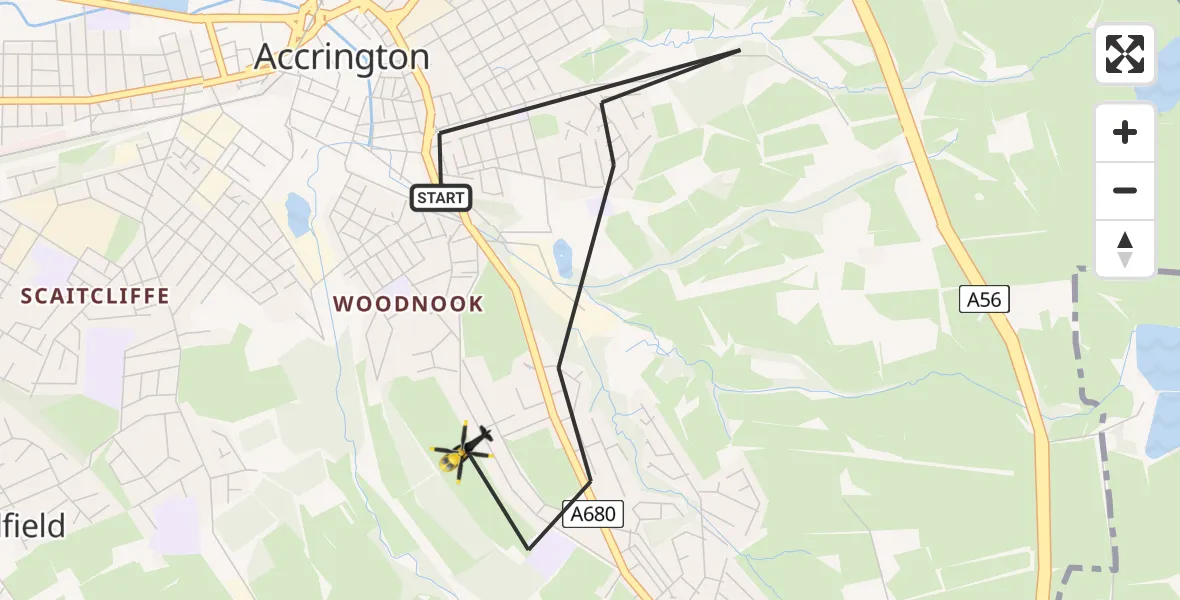 Flight path map showing Police Helicopter route from Accrington to Accrington