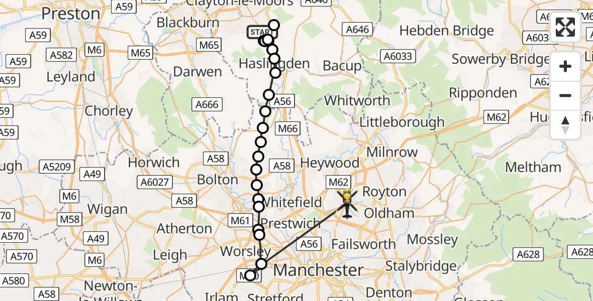 Flight path map showing Police Helicopter route from Baxenden to Middleton