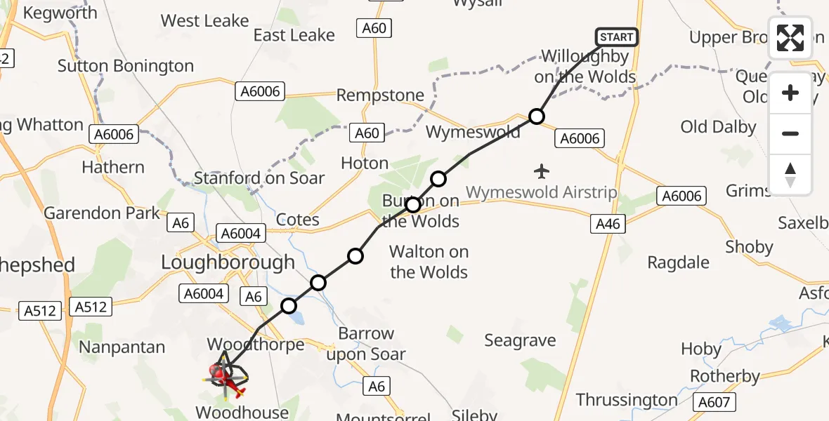 Flight path map showing Air Ambulance Helicopter route from Willoughby on the Wolds to Woodthorpe