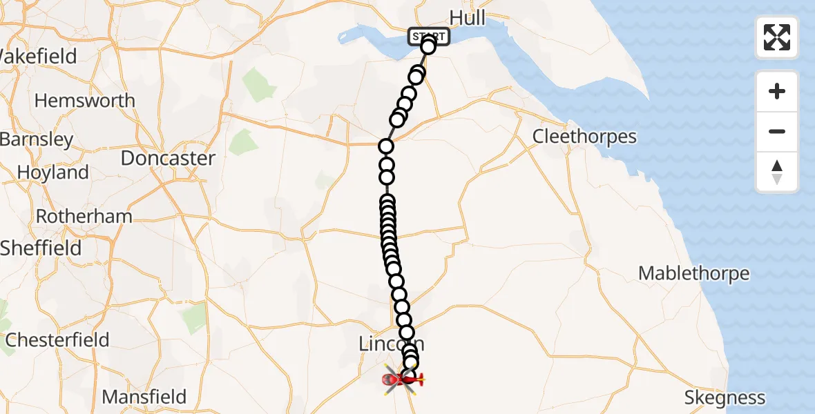 Flight path map showing Air Ambulance Helicopter route from Hessle to North Kesteven
