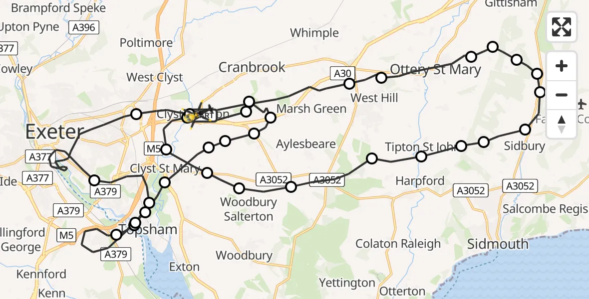 Flight path map showing Police Helicopter route from Exeter International Airport to Clyst Honiton