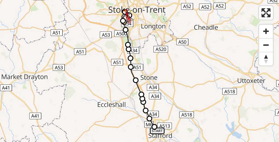 Flight path map showing Air Ambulance Helicopter route from Stafford to Stoke