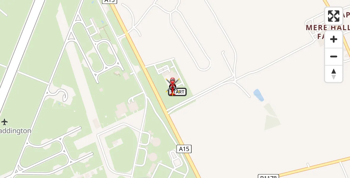Flight path map showing Air Ambulance Helicopter route from RAF Waddington to North Kesteven