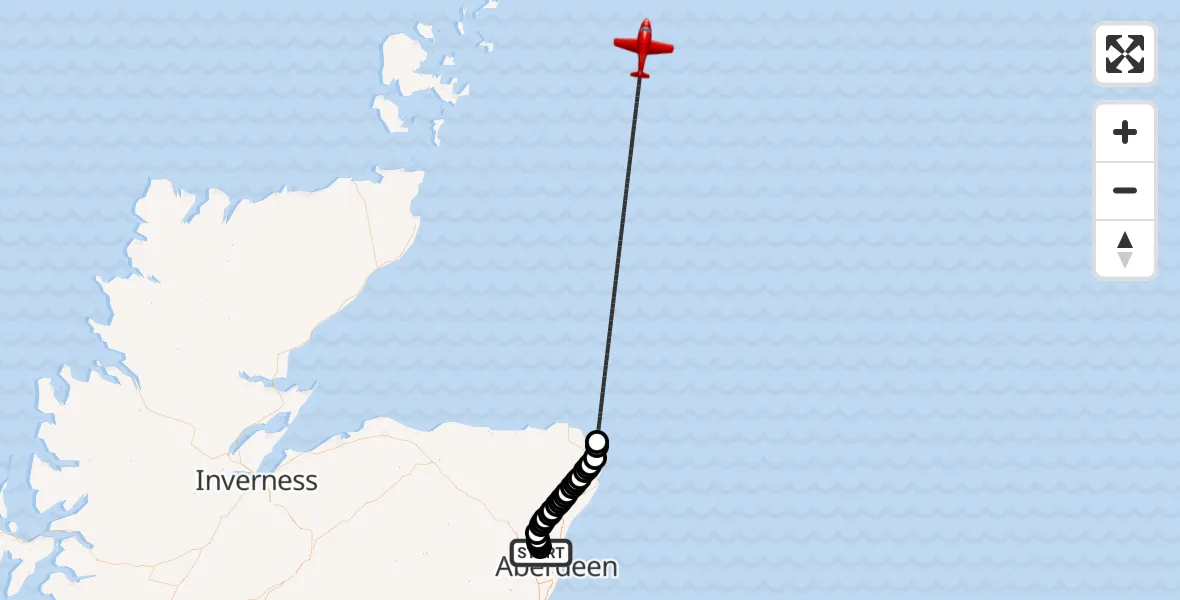 Flight path map showing Air Ambulance Aircraft route from Aberdeen International Airport to North Sea