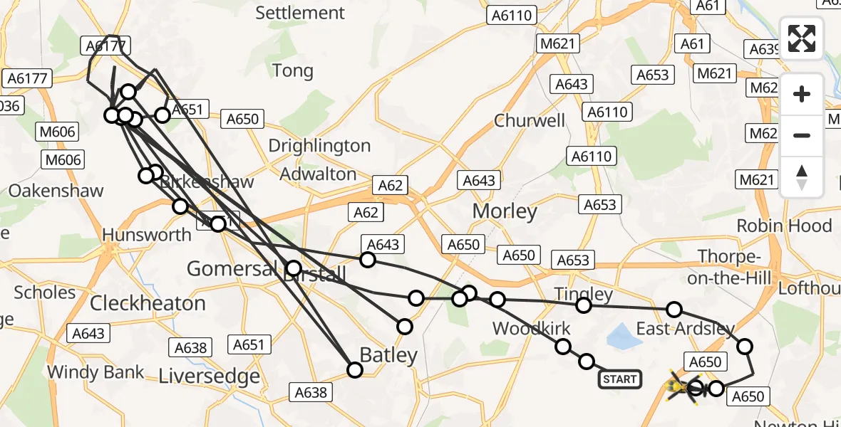 Flight path map showing Police Helicopter route from East Ardsley to East Ardsley
