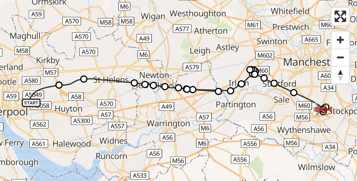 Flight path map showing Air Ambulance Helicopter route from Liverpool to Manchester