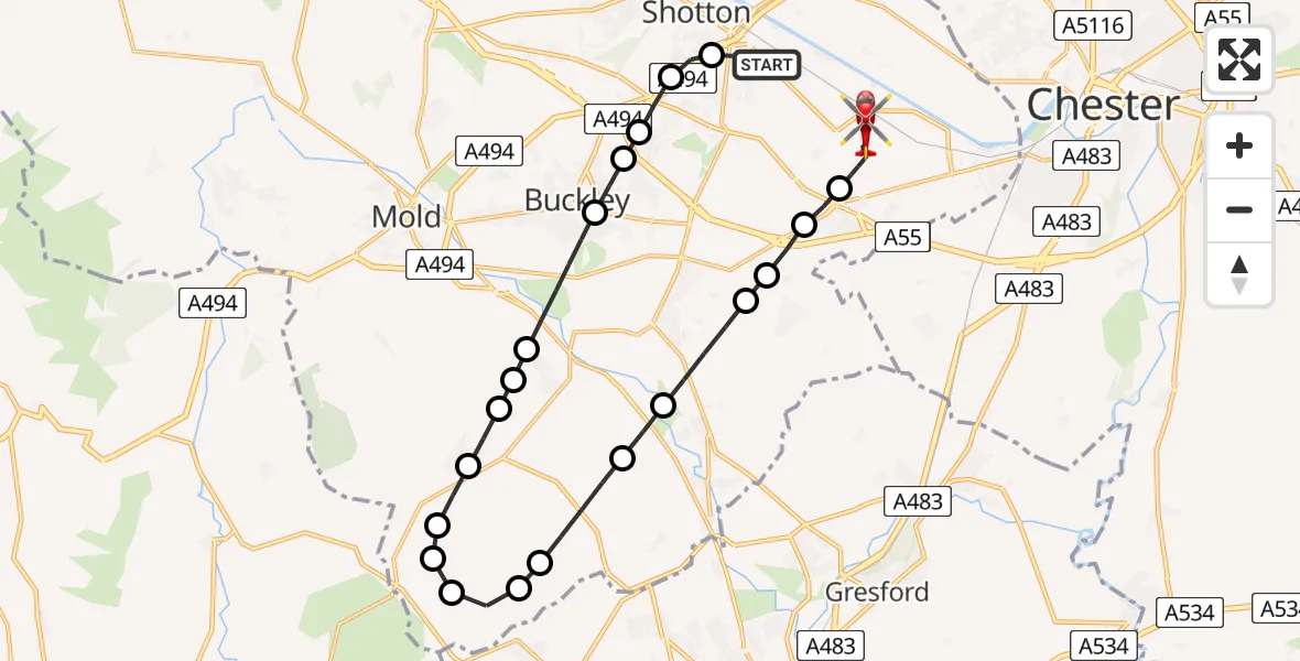 Flight path map showing Air Ambulance Helicopter route from Mancot to Hawarden Airport