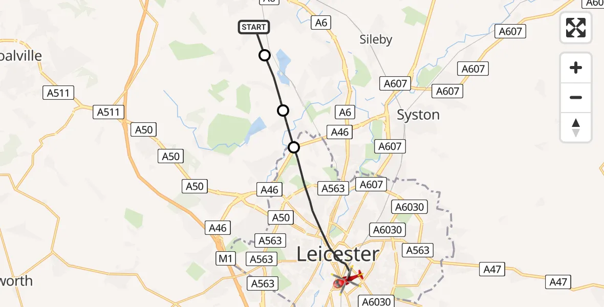 Flight path map showing Air Ambulance Helicopter route from Woodhouse to Leicester