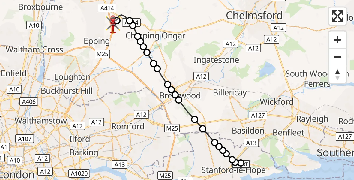 Flight path map showing Air Ambulance Helicopter route from Stanford-le-Hope to North Weald Airfield