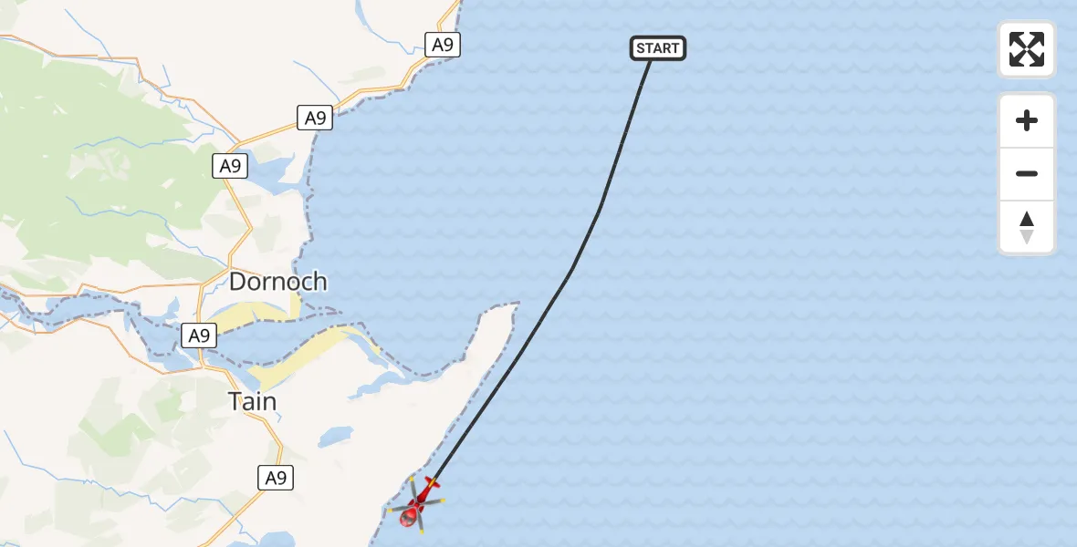 Flight path map showing Air Ambulance Helicopter route from North Sea to North Sea