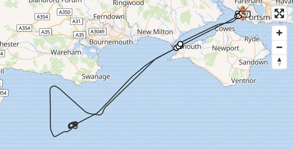 Flight path map showing Coastguard Helicopter route from Solent Airport to Solent Airport
