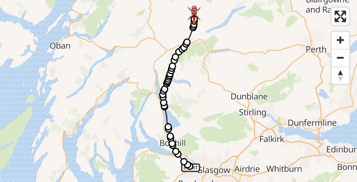 Flight path map showing Air Ambulance Helicopter route from Glasgow Airport to Cnoc na h-lolaire