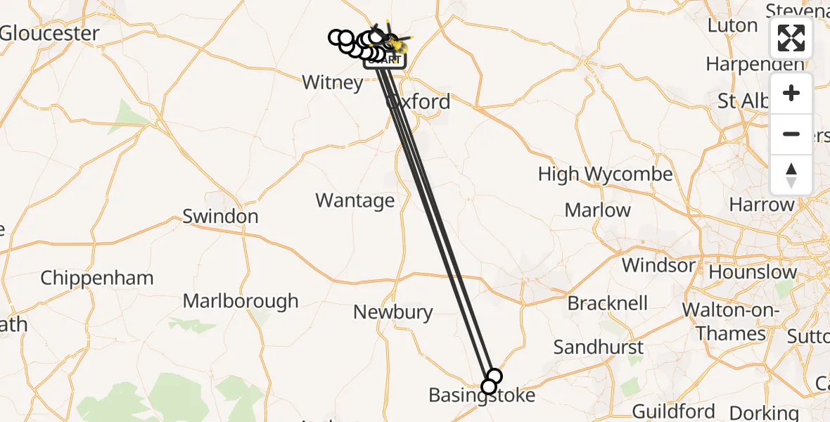 Flight path map showing Police Helicopter route from Bladon to Woodstock