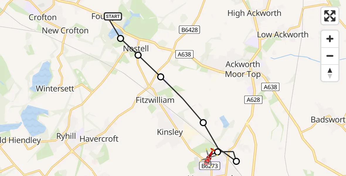 Flight path map showing Air Ambulance Helicopter route from YAA Nostell Helicopter Port to Kinsley