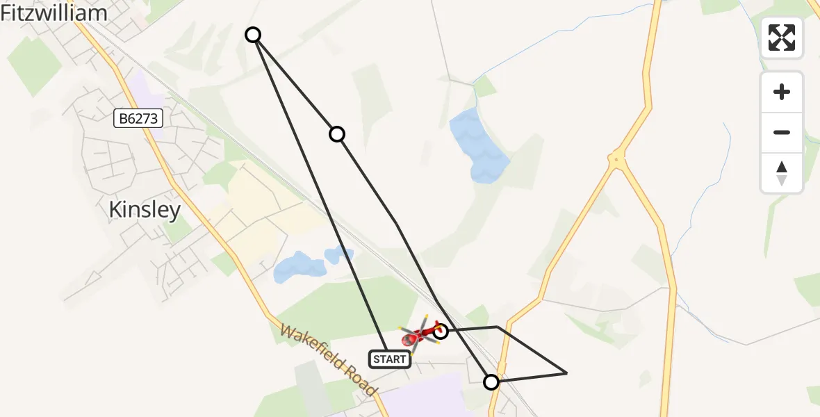 Flight path map showing Air Ambulance Helicopter route from Kinsley to Kinsley