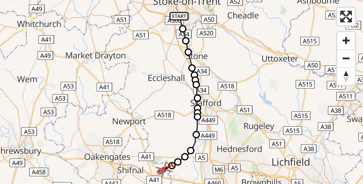 Flight path map showing Air Ambulance Helicopter route from Stoke to South Staffordshire