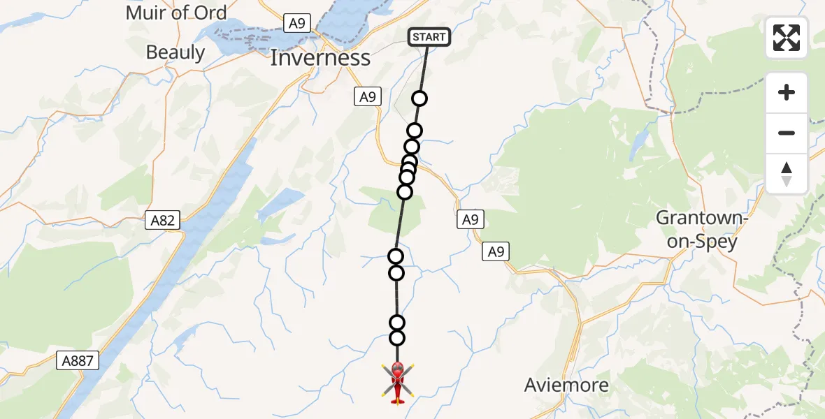 Flight path map showing Air Ambulance Helicopter route from Newlands of Culloden to Highland