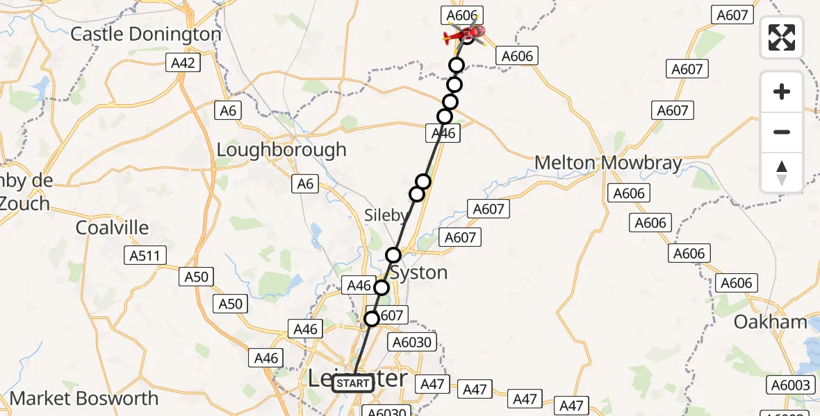 Flight path map showing Air Ambulance Helicopter route from Leicester to Nottingham Heliport