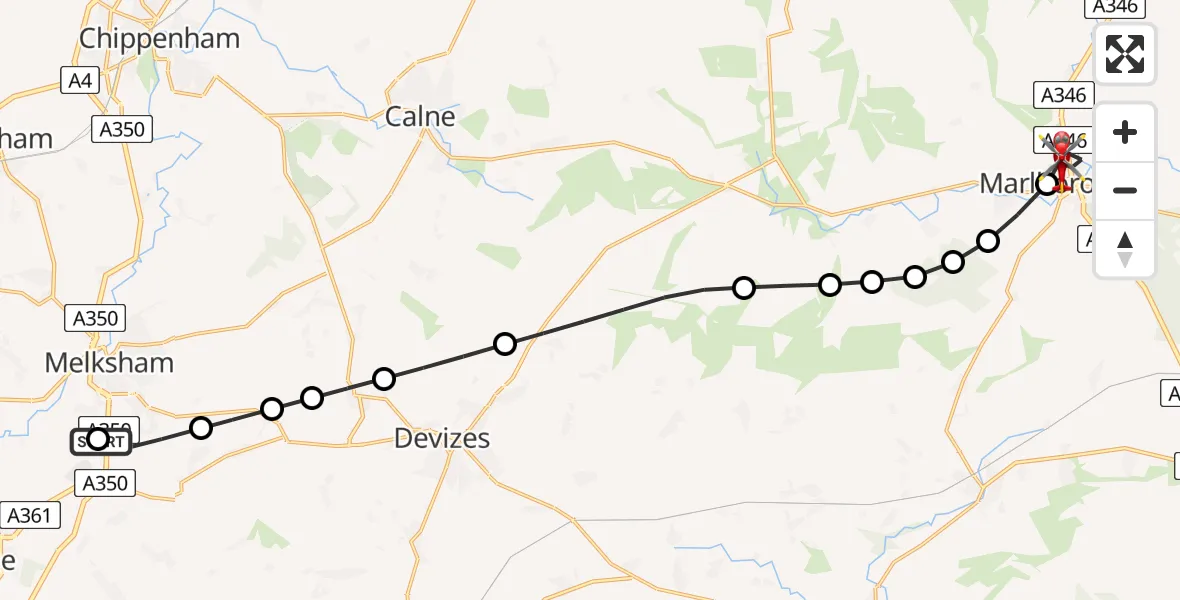 Flight path map showing Air Ambulance Helicopter route from Wiltshire Air Ambulance to Marlborough