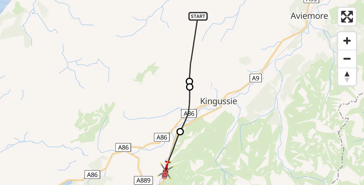 Flight path map showing Air Ambulance Helicopter route from Highland to A9