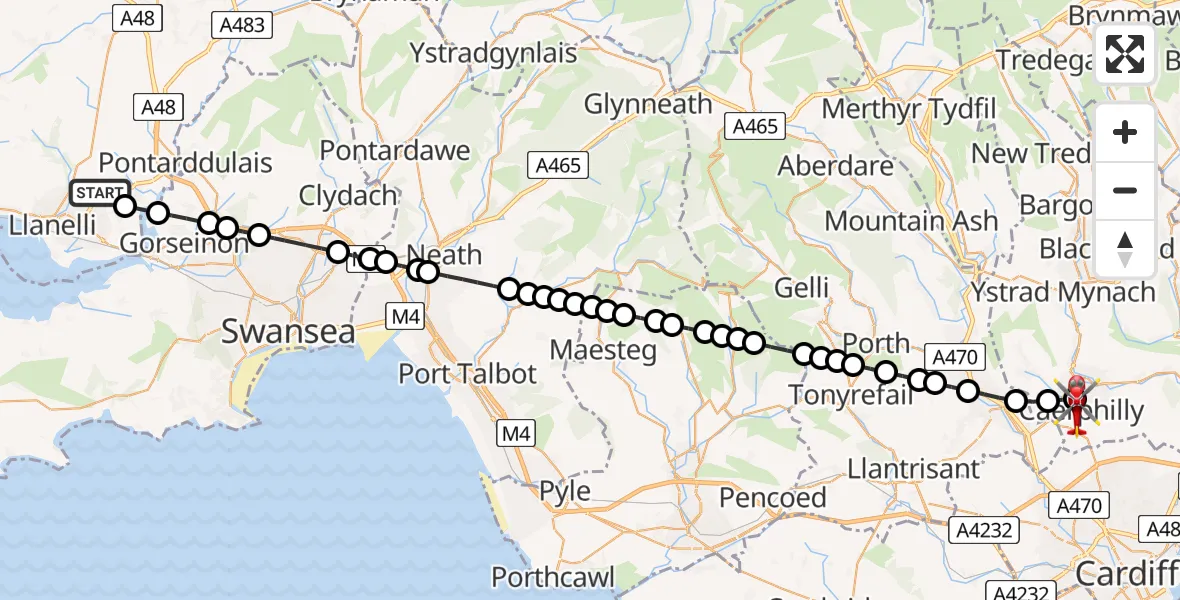 Flight path map showing Air Ambulance Helicopter route from Dafen to Caerphilly