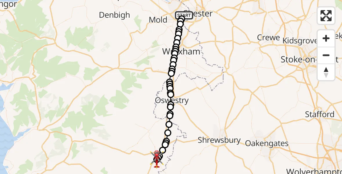 Flight path map showing Air Ambulance Helicopter route from Hawarden Airport to Welshpool Airport