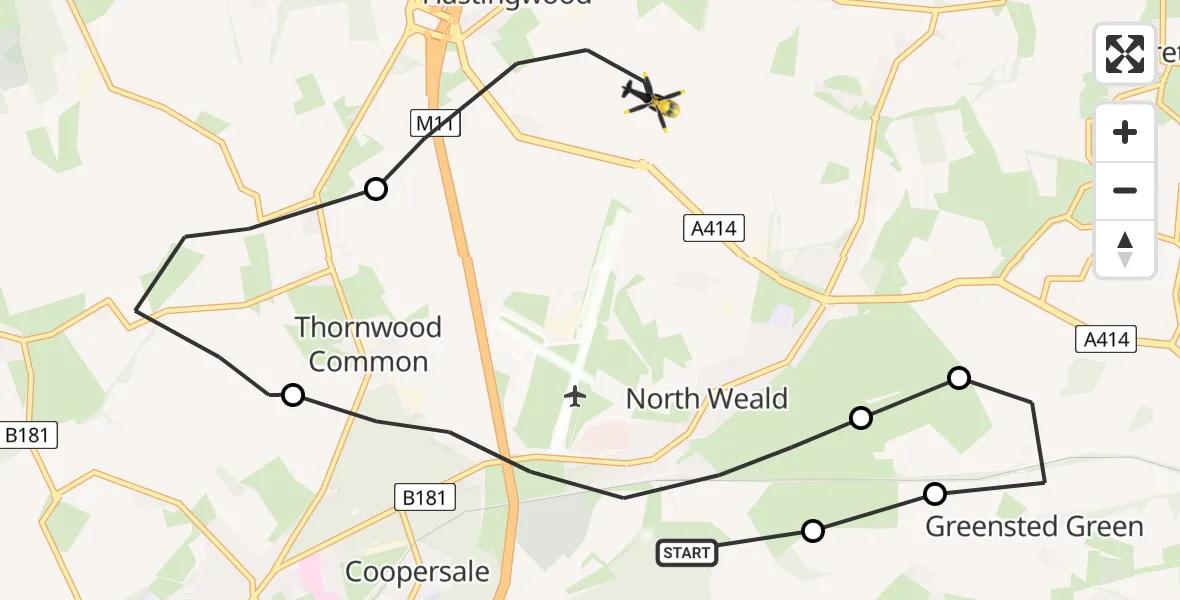 Flight path map showing Police Helicopter route from Woodhatch to North Weald Bassett