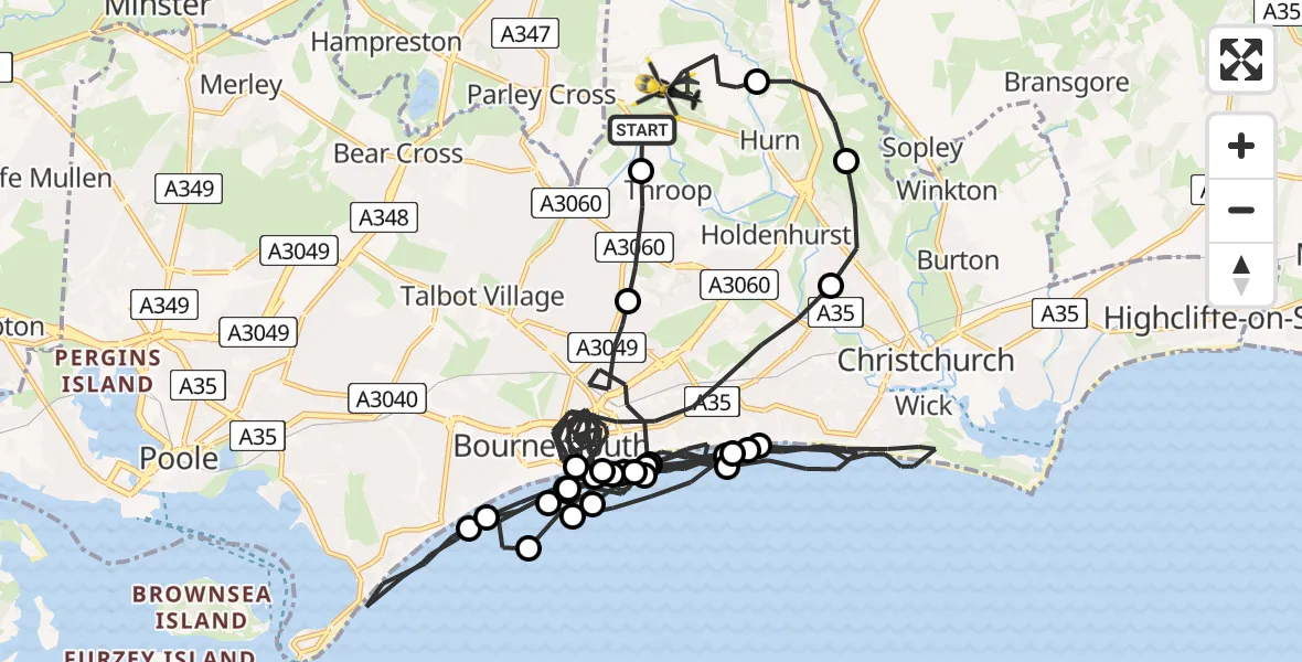 Flight path map showing Police Helicopter route from Bournemouth Airport to Bournemouth Airport