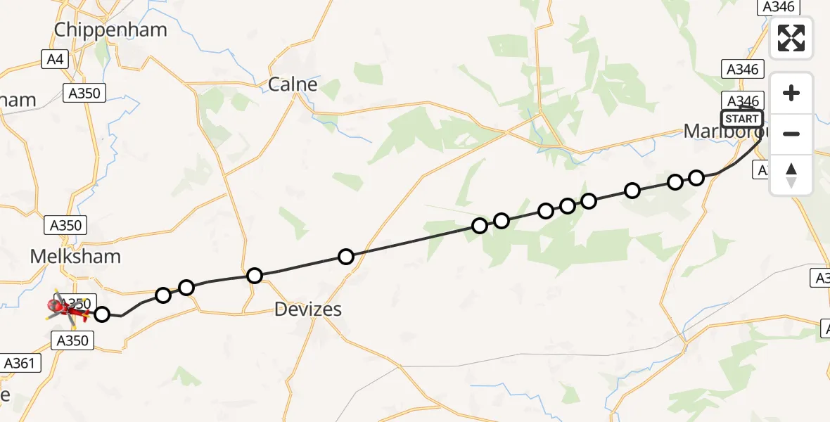 Flight path map showing Air Ambulance Helicopter route from Marlborough to Wiltshire Air Ambulance