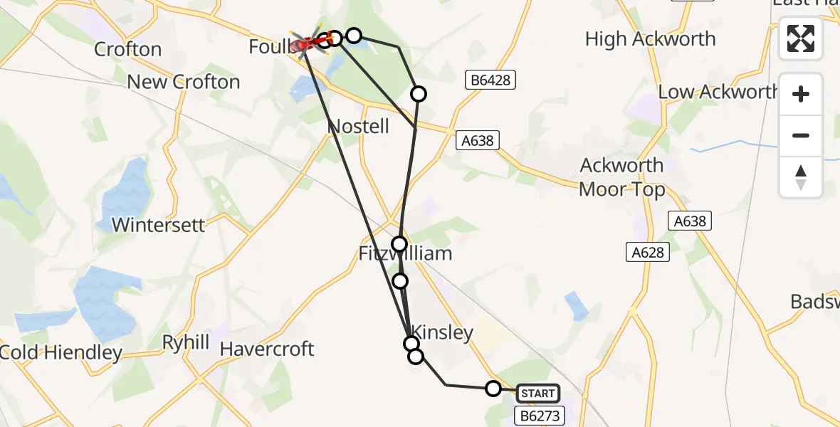 Flight path map showing Air Ambulance Helicopter route from Kinsley to YAA Nostell Helicopter Port