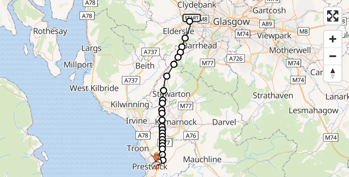 Flight path map showing Coastguard Helicopter route from Glasgow Airport to Glasgow Prestwick Airport