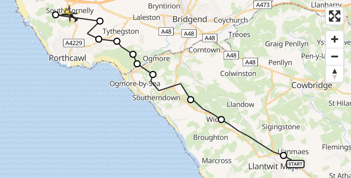 Routekaart van de vlucht: Police Helicopter to South Cornelly, Porthcawl Road