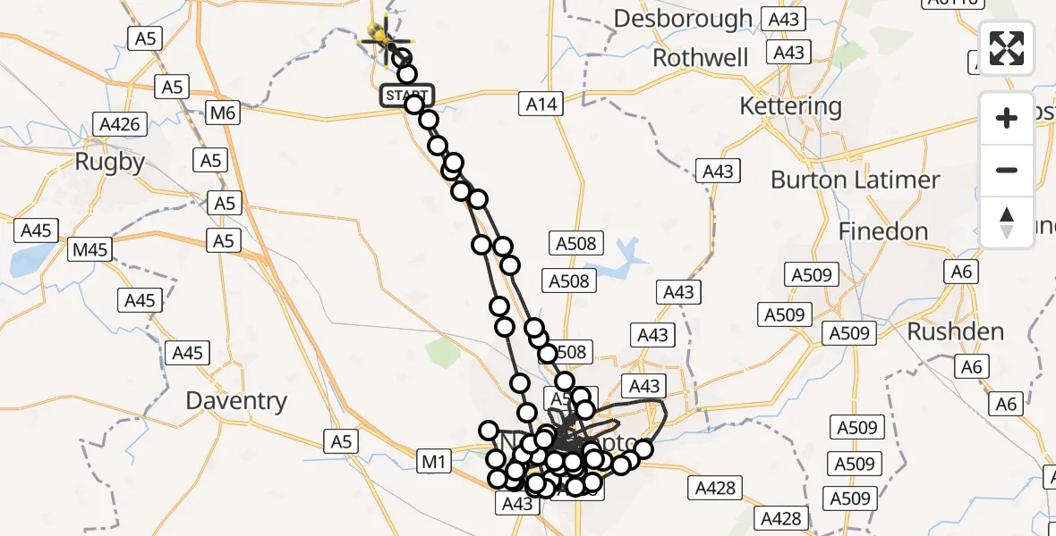 Flight path map showing Police Helicopter route from Cold Ashby to Harborough