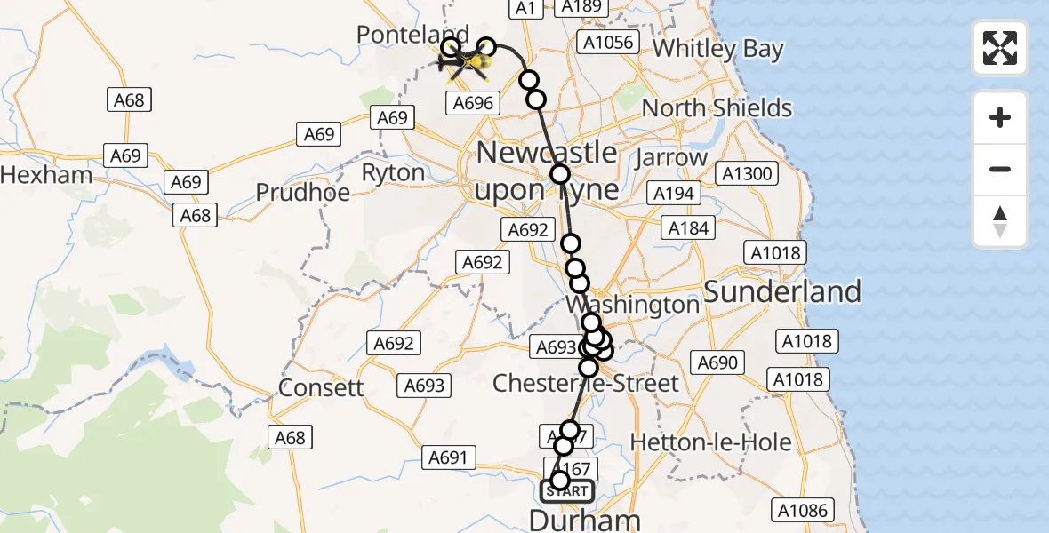 Flight path map showing Police Helicopter route from Pity Me to Newcastle International Airport