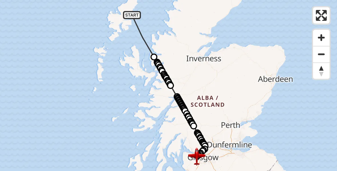 Flight path map showing Air Ambulance Aircraft route from Inner Seas to Glasgow Airport