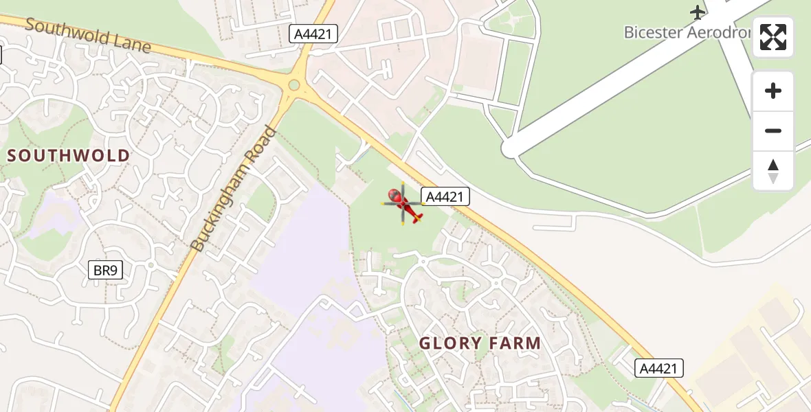 Flight path map showing Air Ambulance Helicopter route from Bicester Airfield to Bicester Airfield