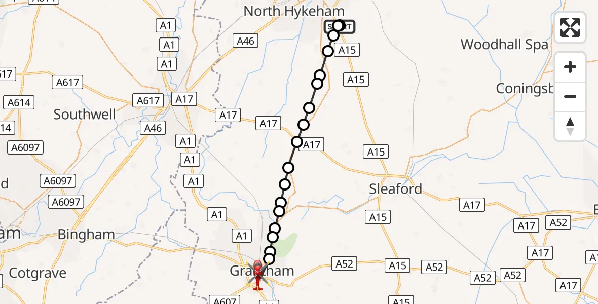 Flight path map showing Air Ambulance Helicopter route from RAF Waddington to Grantham