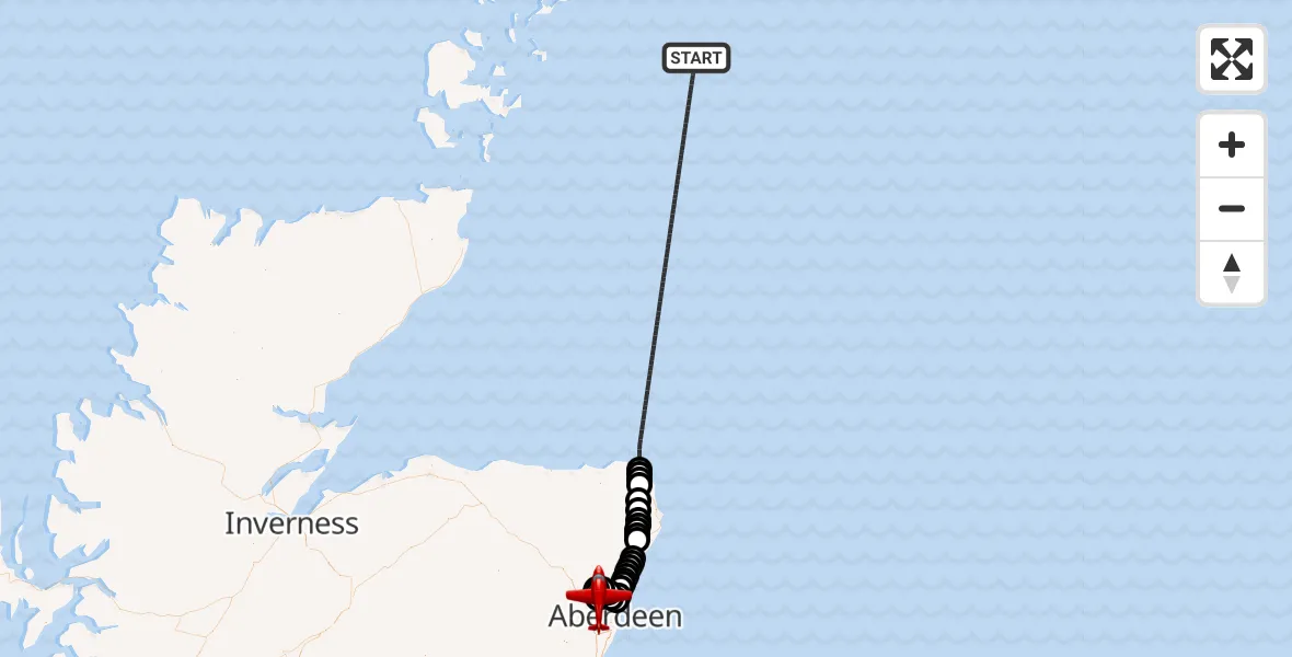 Flight path map showing Air Ambulance Aircraft route from North Sea to Aberdeen International Airport