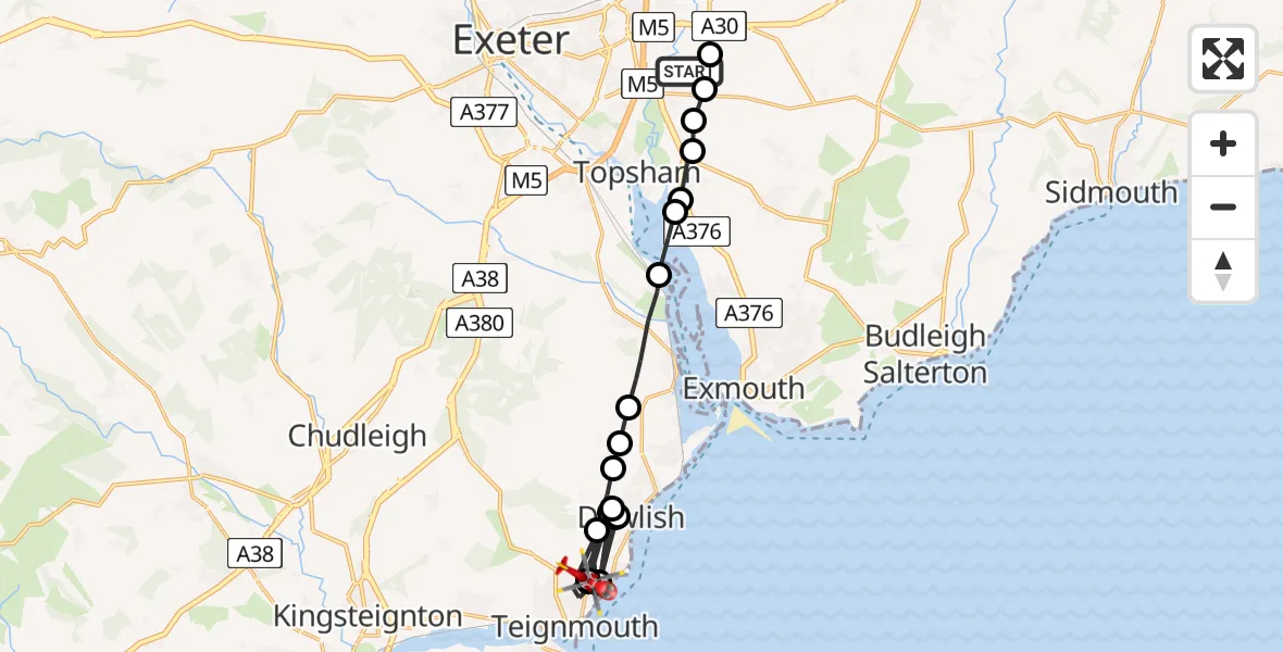 Flight path map showing Air Ambulance Helicopter route from Clyst St Mary to Holcombe