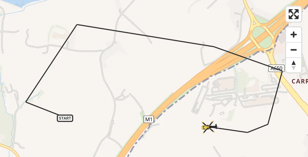 Flight path map showing Police Helicopter route from East Ardsley to East Ardsley