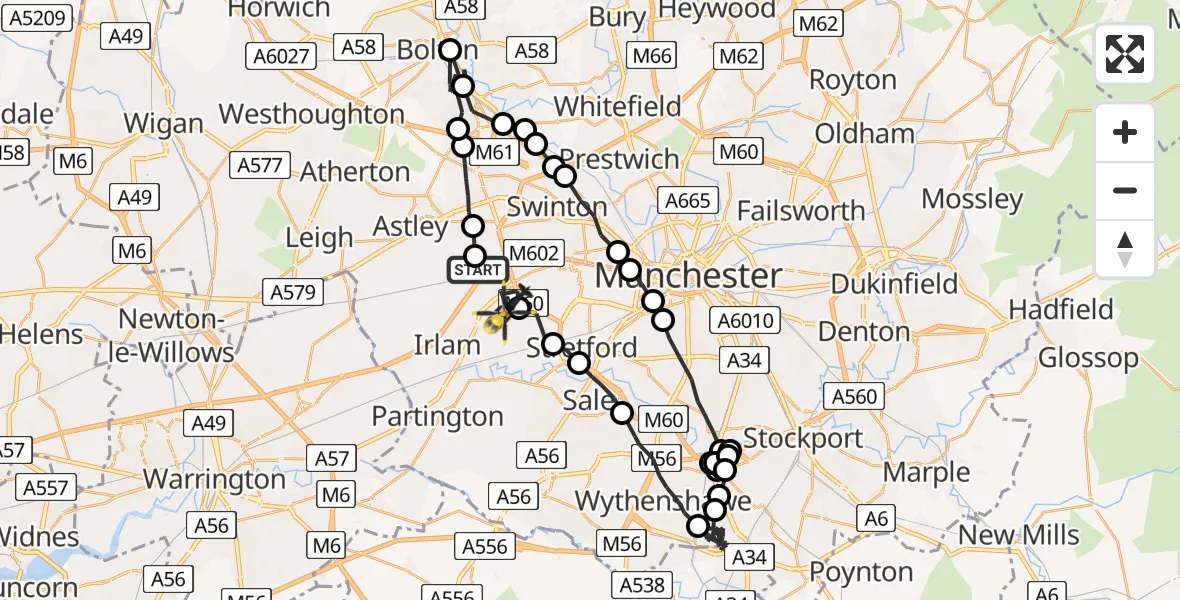 Flight path map showing Police Helicopter route from Irlam to Eccles