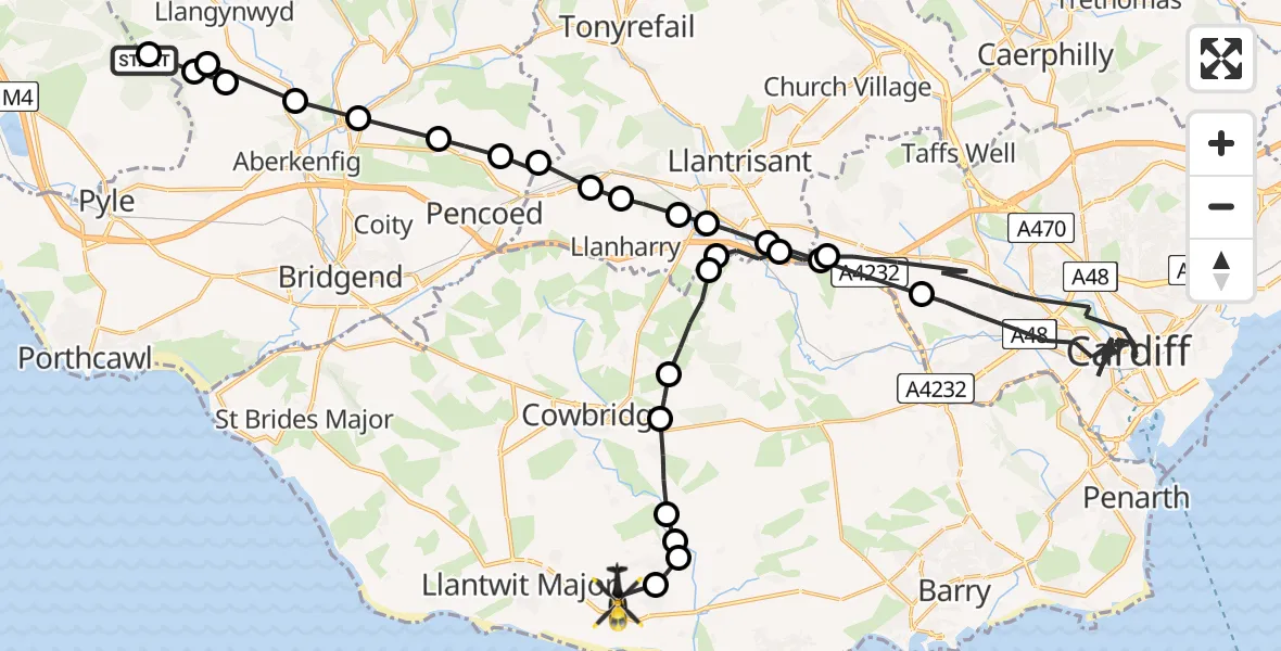 Flight path map showing Police Helicopter route from Margam to MOD St Athan