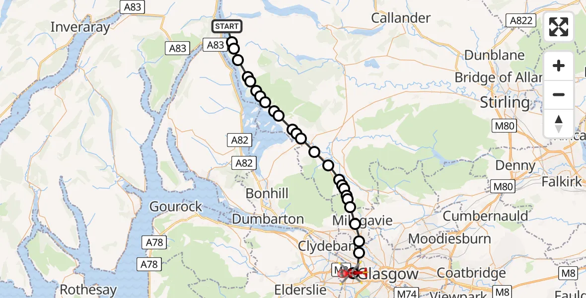 Flight path map showing Air Ambulance Helicopter route from West Highland Way - Slighe Taobh an Iar na Gàidhealtachd to Queen Elizabeth Hospital