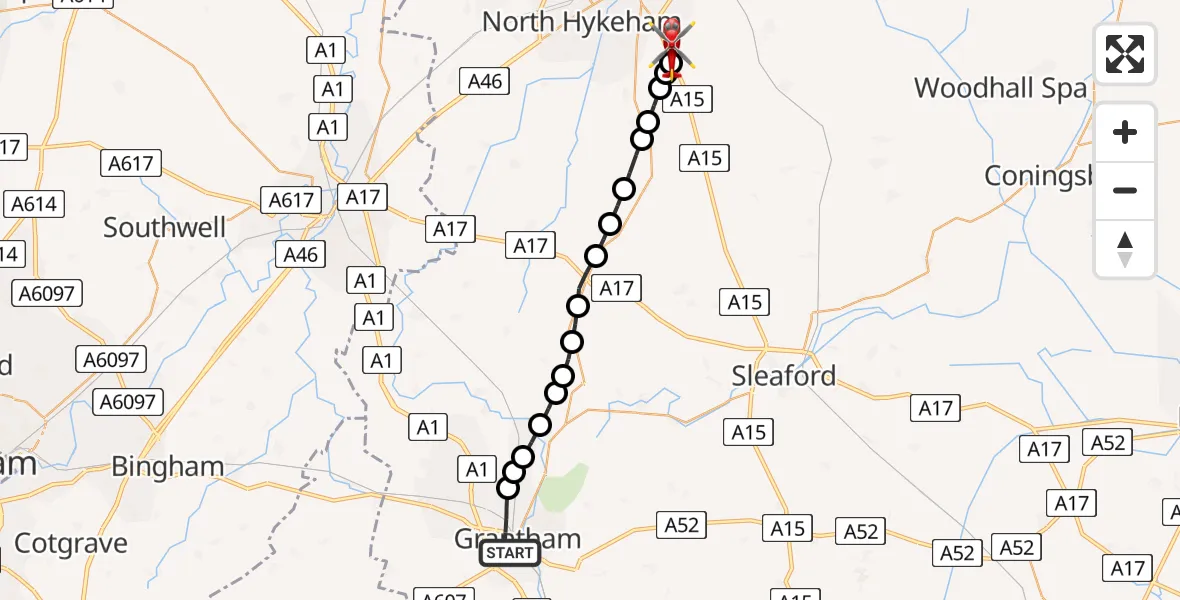 Routekaart van de vlucht: Air Ambulance Helicopter to North Kesteven, Sleaford Road
