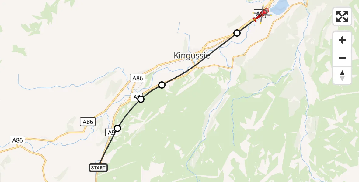 Flight path map showing Air Ambulance Helicopter route from A9 to Kincraig