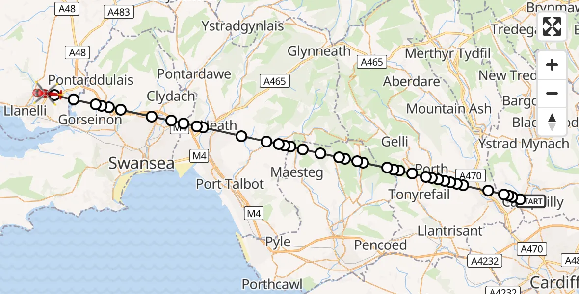 Flight path map showing Air Ambulance Helicopter route from Caerphilly to Dafen